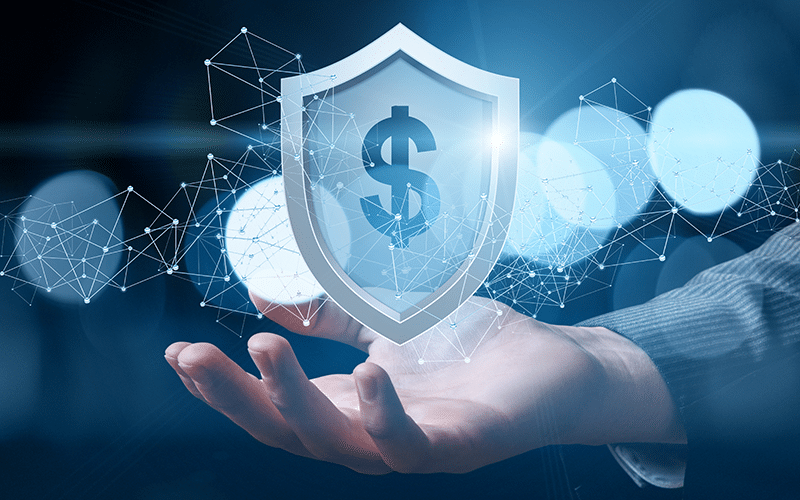 figure of a hand holding a dollar sign in form of a blue shield